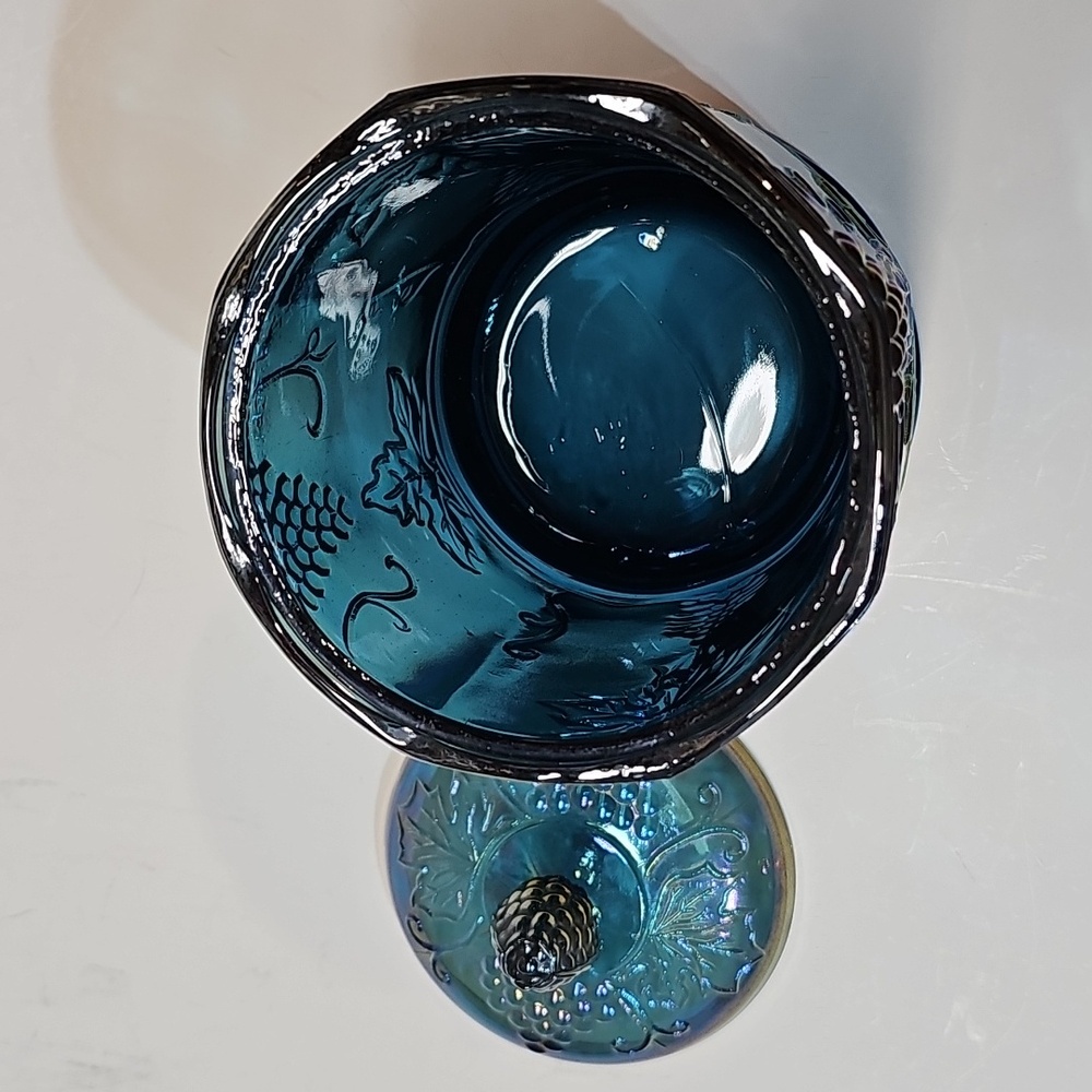 Vintage Indiana Glass Blue Carnival Glass "Harvest Grape" Jar Canister w/ Lid - Picture 10 of 16